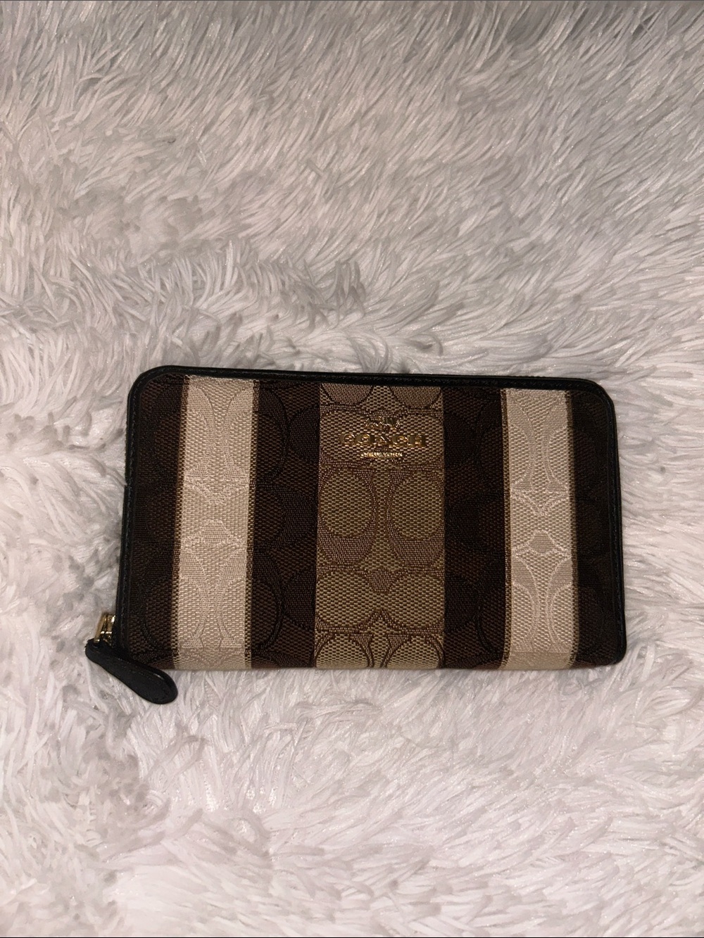 Coach Striped Signature Zip Wallet in Brown and Beige